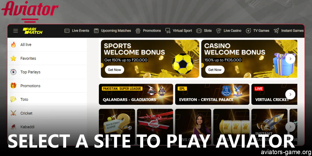 Select a casino site to play the Aviator game