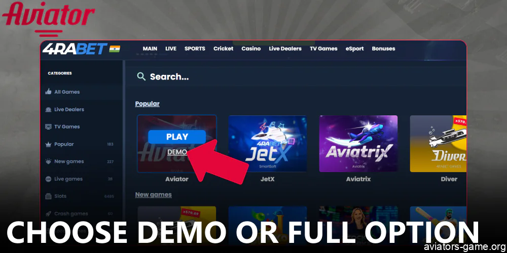 Choose Aviator Demo or Full option