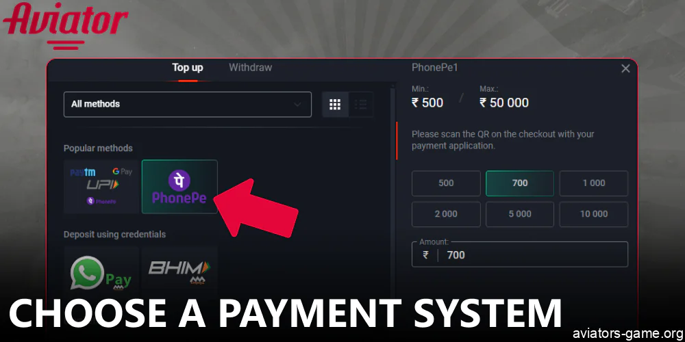 Choose a payment system to make an Aviator deposit