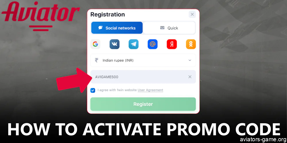 Instructions on Aviator promo code activation on 1win