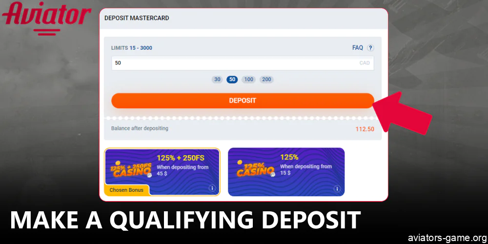 Make a qualifying deposit before starting to play Aviator