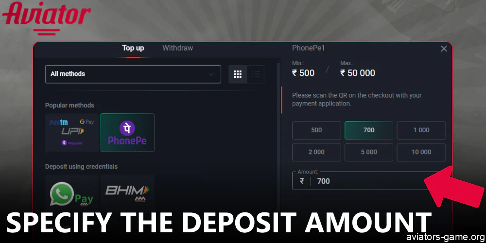 Specify the deposit amount to make an Aviator deoposit