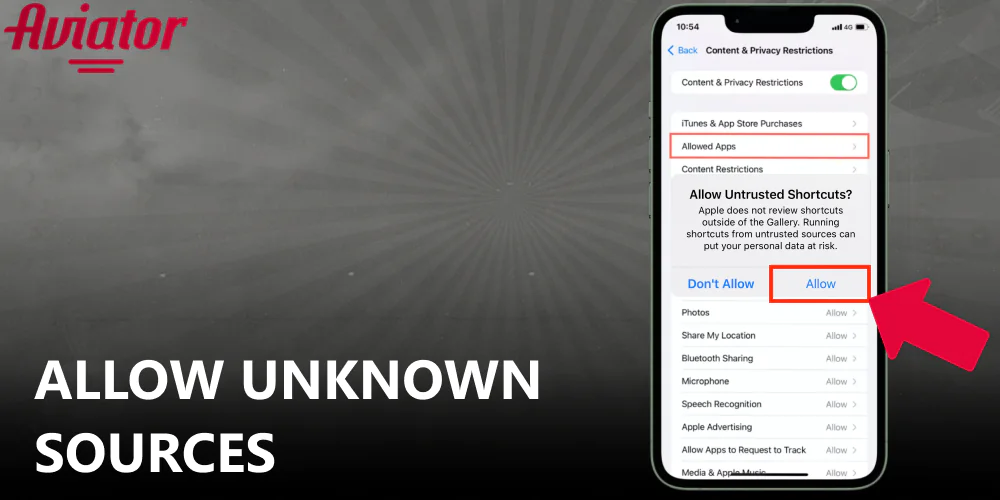 Allow unknown sources on iOS to install the Aviator app